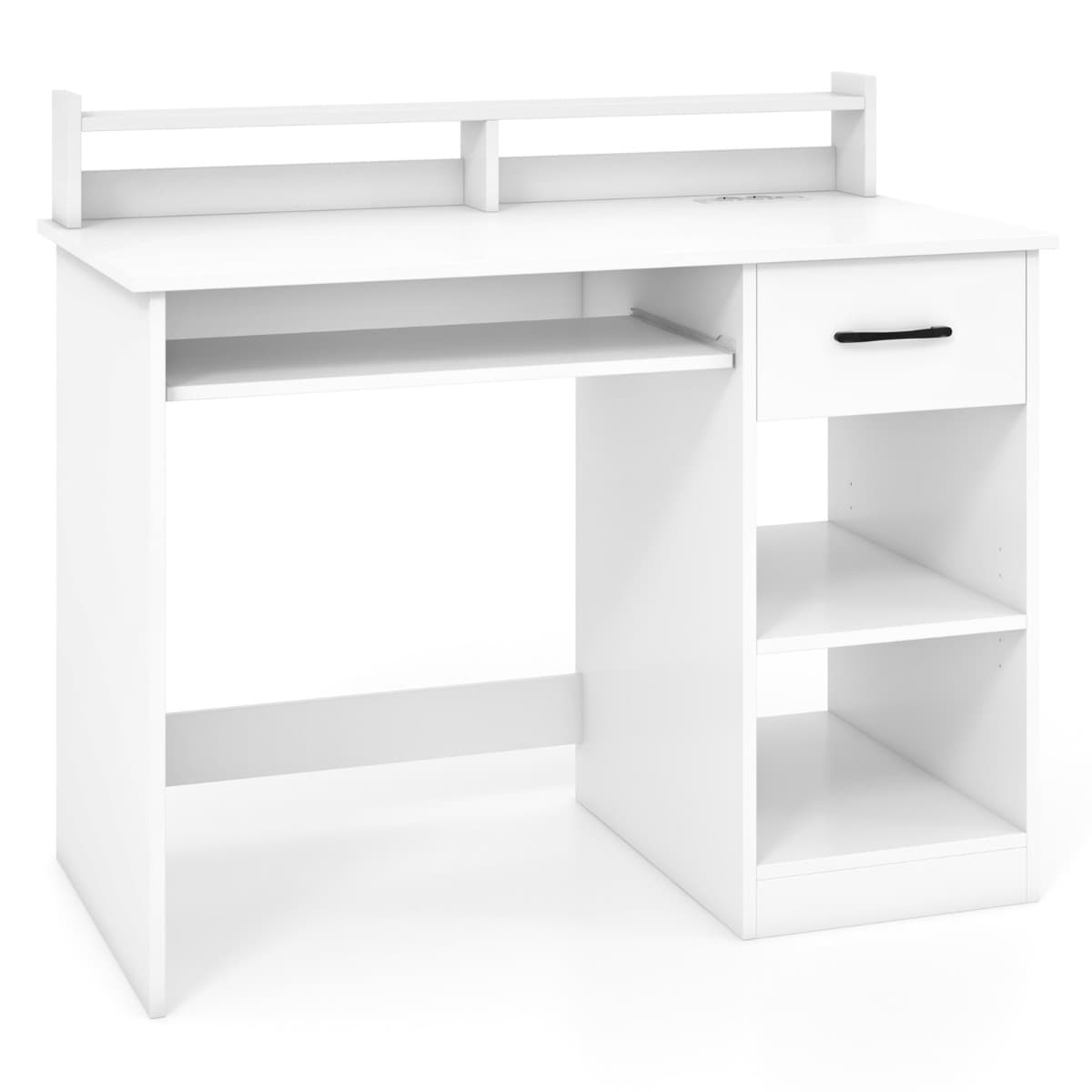 CostwayBureau d'Ordinateur avec Tiroir de Rangement et 2 Etagères Bureau Informatique avec Port de Charge USB/Type-c et Prise de Courant Blanc