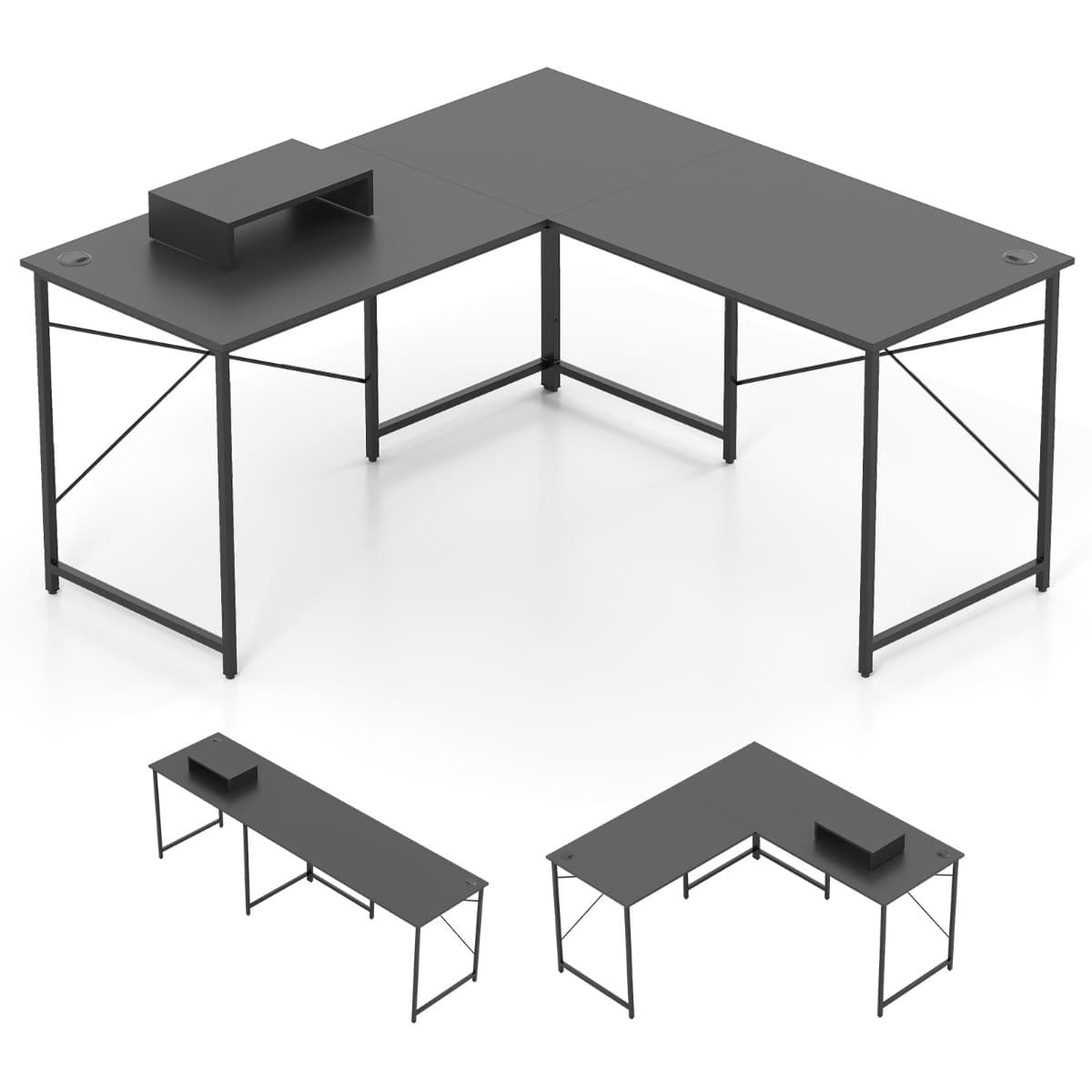 Bureau en Forme de L Réversible de 150 cm avec Prise Intégrée Support Amovible pour Hôte/Écran Trous