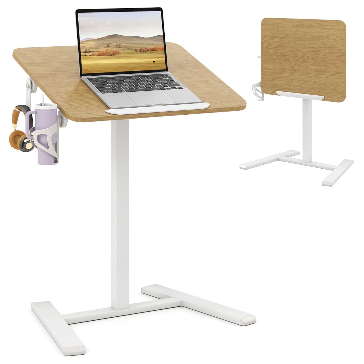 CostwayBureau Mobile Pliable Bureau Roulant pour PC avec Plateau Inclinable à 90° Ajustable pour Travailler Assis-Debout Poste de Travail Naturel