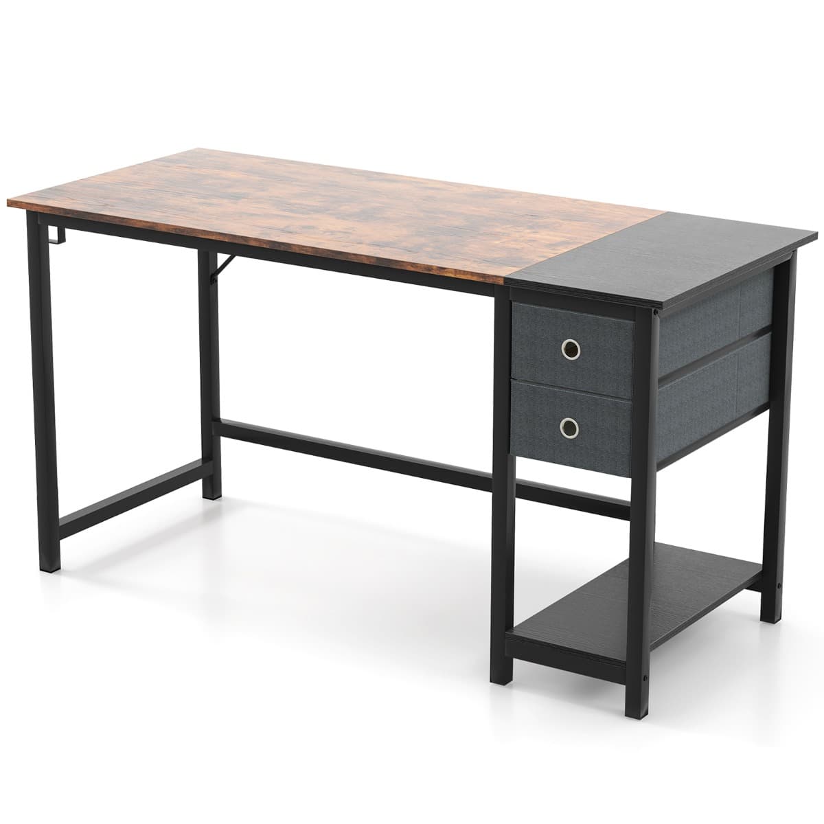 CostwayBureau de 140 Cm Poste de Travail Informatique Moderne avec 2 Tiroirs Crochet de Suspension Étagère de Rangement Marron Rustique et Noir