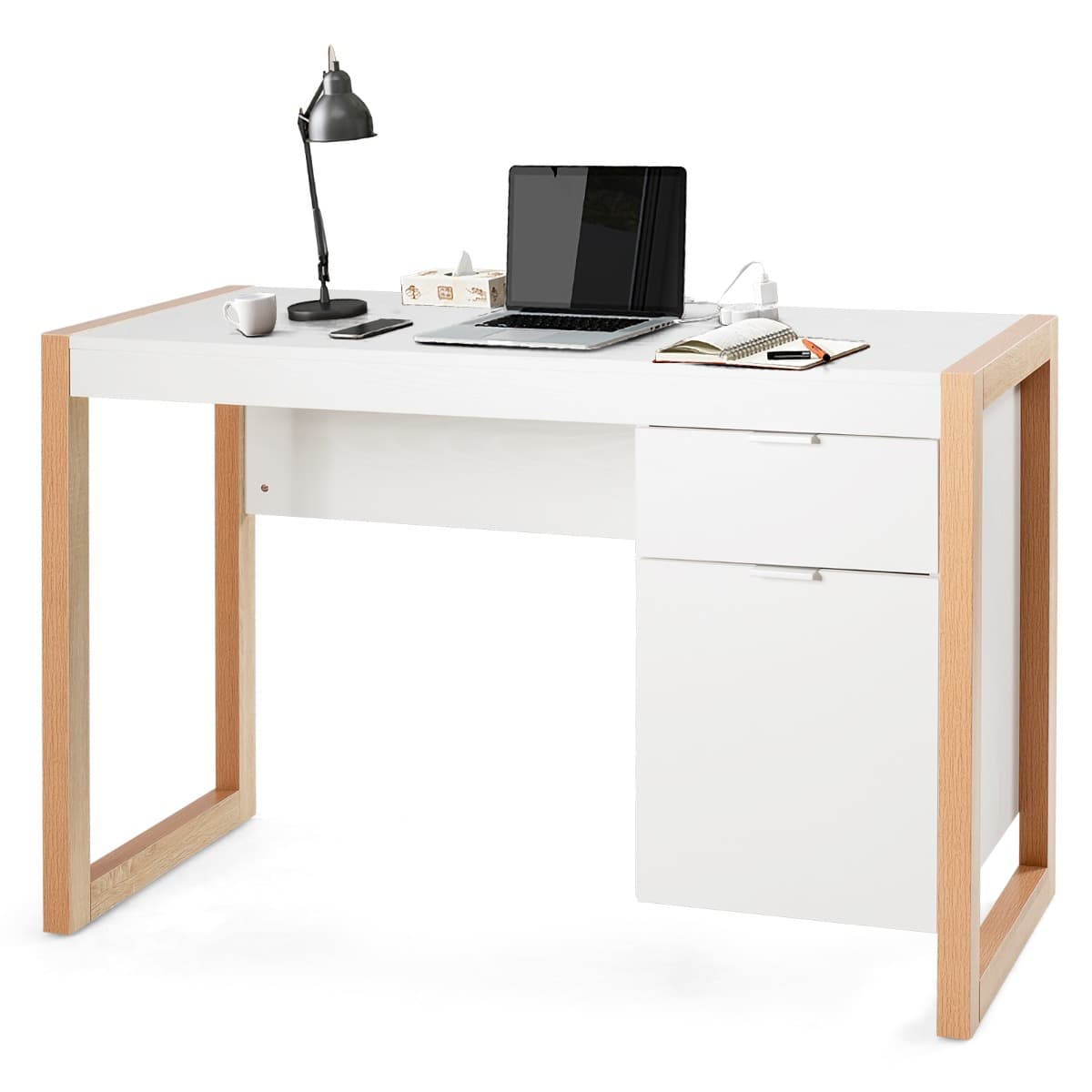 CostwayBureau Informatique Style Moderne 112,5 x 50 x 75 CM 2 Tiroirs Table d’Etude pour Chambre de Bureau à Domicile en MDF