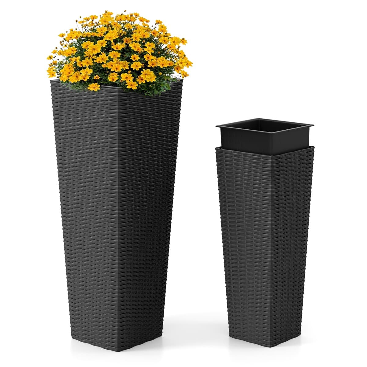 CostwayEnsemble de Pots à Plantes en Rotin Lot de 2 Grands Jardinières d'Extérieur avec Bacs Intérieurs Amovibles Trous de Drainage Noir