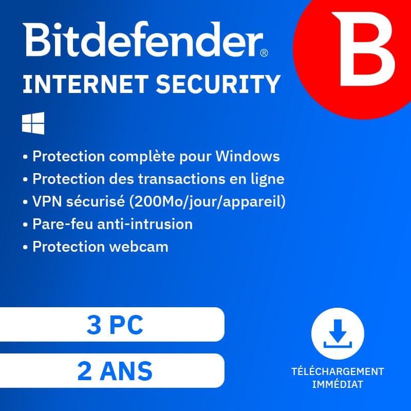 Bitdefender Internet Security 2026 | Renouvellement automatique | 3 PC | 2 Ans | Téléchargement